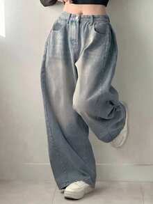 DAZY Jeans casuales y versátiles de pierna ancha y bolsillos para mujer - Lavado ligero - Ver 2