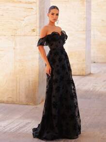 Glamrae Eleganter und wunderschöner schwarzer Organza-Jacquard-Herzausschnitt mit gerüschten, überschnittenen Ärmeln, durchsichtiger Taille und übergroßem Rock, geeignet für fröhliche Feiertagstreffen, Verabredungen, Junggesellinnenabschiede, formelles Abendkleid für Damen (schwerer Stil)