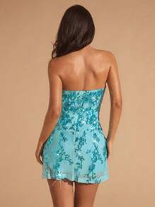 Glamine Váy ngắn bandeau thêu hoa đính hạt màu ngọc lam cho nữ, Váy ngắn màu xanh cho nữ, Váy ngắn bandeau cho nữ, Váy thêu hạt cho nữ, Đa năng cho tiệc tùng, hẹn hò, kỳ nghỉ, lễ hội âm nhạc - Màu xanh lam - Xem 2