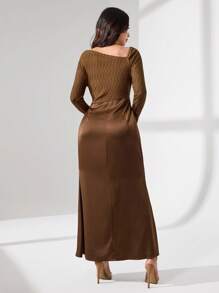 Modelyn Asymmetrical Knit Texture Patchwork Satin With Metal Buckle Elegant Dress Fall Cloth For Women - Brown - View 4