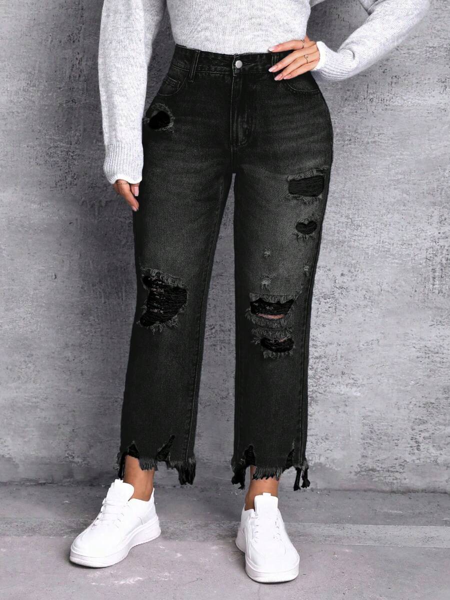 SHEIN Essnce 大码女式休闲破洞口袋牛仔裤 - 黑色 - 查看 1