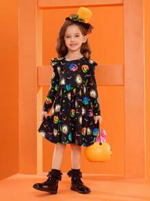 GARFIELD | SHEIN Young Girls' Cartoon Pumpkin Pattern Knitted Round Neck Ruffle Trim Long Sleeve Halloween Autumn/Winter Dress - Black - View 6