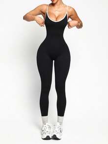 Easithlete 女士无缝交叉扭结带连体运动服 - 黑與白 - 查看 2