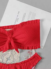 Swim Mod Women's Solid Color Ruffle Twist Bandeau Bikini Set For Summer Beach Vacation - Red - View 4
