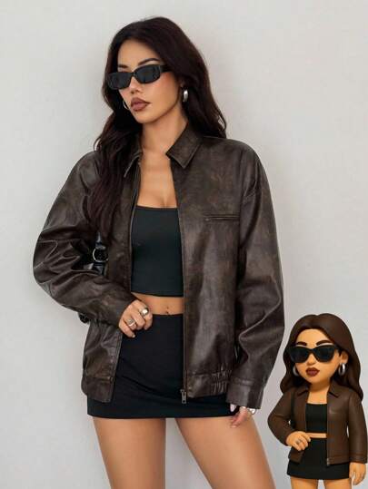 SHEIN PETITE Women Vintage Fashion Drop Shoulder Loose Zipper Jacket, For Autumn Brown Faux Leather Mottled Texture Washed PU Distressed Costume Clothes Winter Women Brown Jacket Women Jacket Brown Leather Jacket Women Y2k Jacket Leather Jacket