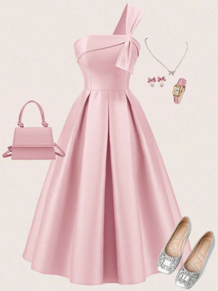 SHEIN Girlism Vestido largo asimétrico con estampado floral tejido, volantes en el bajo, color rosa, adecuado para vacaciones, fiestas, eventos elegantes, bodas y vuelta al colegio, para adolescentes - Rosa - Añade 3