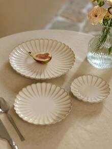 Cirelle Retro Chrysanthemum Ceramic Plate, Elegant White Dinner Plate For Breakfast, Bread, Steak, Pasta, Fruit, Salad, Cake, Home & Restaurant Tableware | Dinner Set,Plates,Plate,Ceramic Plate,White Plates,Dinner Plates - Multicolor - View 1