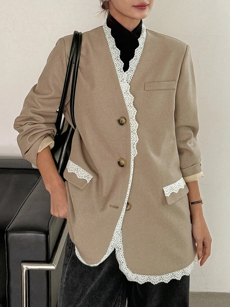 Women's V-Neck Lace Patchwork Contrast Color Decor Loose Casual Blazer Business Attire