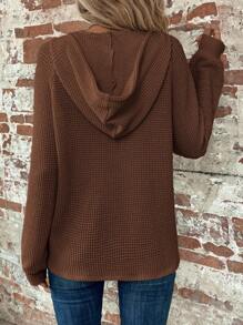 EMERY ROSE Women's Solid Color Raglan Sleeve Button Half Placket Drawstring Hooded Casual Sweatshirt In Fall/Winter - Brown - View 2