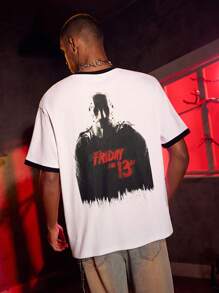 WB Horror X SHEIN Men's Horror Movie Print Contrast Trim Short Sleeve T-Shirt, Summer, Emo - White - View 3