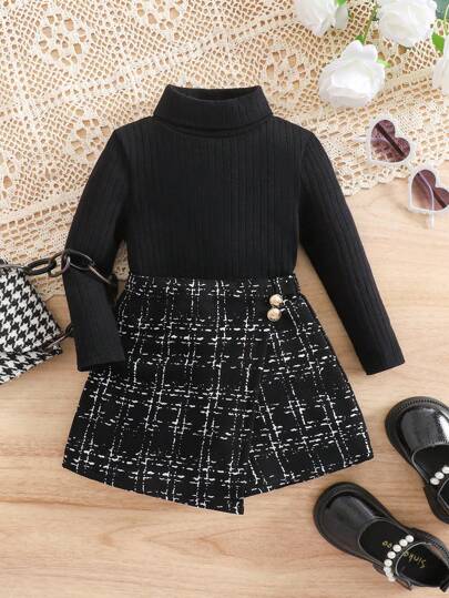 SHEIN Baby Mädchen gestrickter schwarzer Langarm-Pullover und karierte Shorts mit elastischem Bund, Herbst/Winter