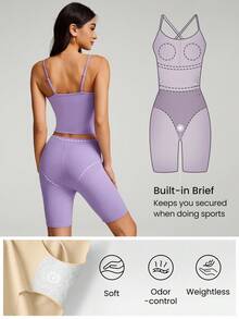 GLOWMODE 6" FeatherFit™ Peekaboo Pleated Adjustable Romper Bodysuit With Built-In Underwear Light Support Low Impact Yoga Pilates Studio Summer - Mauve Purple - View 3