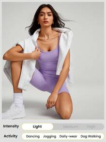 GLOWMODE 6" FeatherFit™ Peekaboo Pleated Adjustable Romper Bodysuit With Built-In Underwear Light Support Low Impact Yoga Pilates Studio Summer - Mauve Purple - View 8