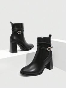 Daringsoles Women's Fashion Buckle Design Pointed Toe Black Chunky Heel Ankle Boots - Black - View 8