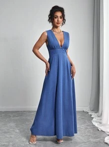 Elenzga Vestido de mezclilla de verano para mujer con cuello en V profundo, abertura alta en la falda, sin mangas y cintura ceñida - Azul - Ver 6