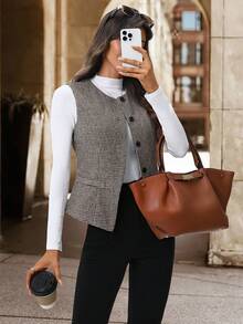 Editum 女士圆领棕色卡其格纹无袖背心，收腰设计，优雅休闲通勤衬衫，适合秋季、办公室、工作场合，春夏优雅正式。 - 棕色 - 查看 4