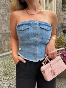 Jeta Ari 毛邊下擺鈕扣前筒牛仔上衣 - 淺色水洗藍 - 查看 3