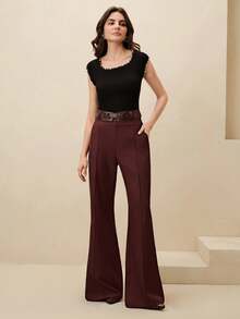 Anewsta 时尚高腰裤，配金属扣腰带，适合通勤，优雅，别致，秋冬，新年，勃艮第酒红色 - 中紫紅色 - 查看 8