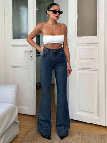 SHEIN Tall بنطلون جينز طويل بخصر عالي وقصة واسعة باللون الأزرق الفاتح، 98% قطن، للنساء الطويلات - أزرق متوسط - مشاهدة 4