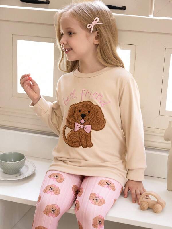 Conjunto de 2 piezas de blusa de manga larga con gráfico de cachorro lindo y pantalones rosas para niña