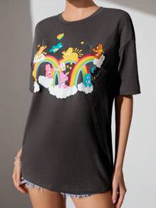 SHEIN X Care Bears Cartoon Pattern Cute Loose Short Sleeve T-Shirt For Women, Summer