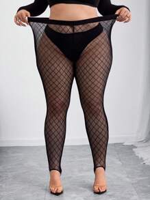 SHEIN CURVE+ Plus Size Black Thin Mesh See-Through Leggings, Fashion Leggings, Rave Festival, Casual Daily Wear, Holiday Party Wear, Winter Plus Size Fishnet Tights/Autumn /Winter - Black - View 4
