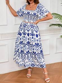 SHEIN PETITE Plus Size Women Casual Vacation Blouse & Skirt 2 Pieces Set - Multicolor - View 3