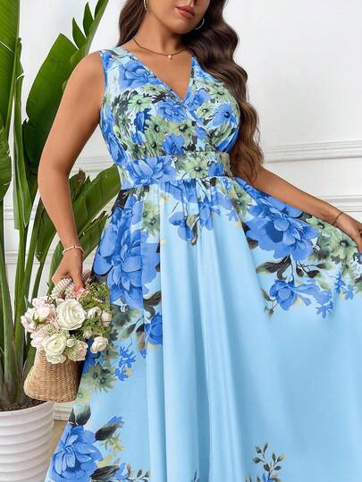 Sunnyshic Vestido corto de mujer talla grande con cuello en V y mangas con volantes, vestido maxi elegante con estampado floral y bloques de color para vacaciones, bodas, dama de honor