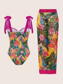 Swim SXY 1 套热带印花连体泳衣、沙滩罩裙 - 彩色 - 查看 3