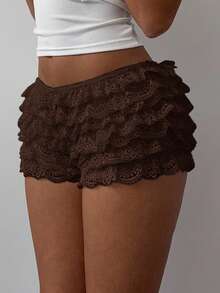 Aloruh Women's Lace Trim Mesh Multi-Layer Ruffle Hem Cake Shorts, Fashionable Contrast Color For Music Festival, Spring/Summer - Brown - View 6