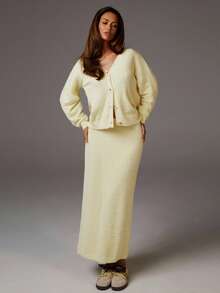 Athîral 女士时尚休闲纽扣针织毛衣和裙子两件套黄色两件套裙子奶油黄色两件套裙子两件套女士黄色裙子套装毛绒绒两件套秋冬 - 黃色 - 查看 1