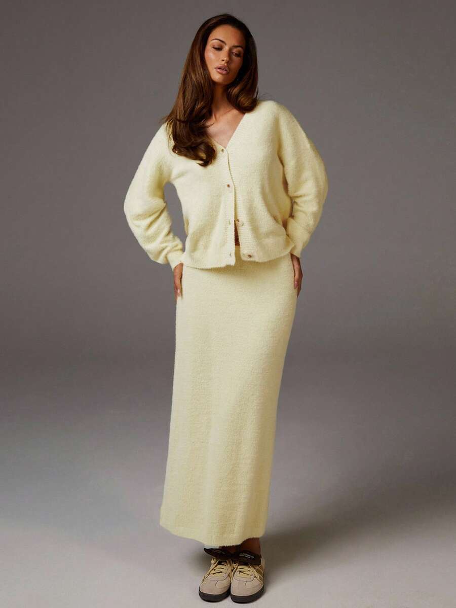 Athîral 女士时尚休闲纽扣针织毛衣和裙子两件套黄色两件套裙子奶油黄色两件套裙子两件套女士黄色裙子套装毛绒绒两件套秋冬 - 黃色 - 查看 1