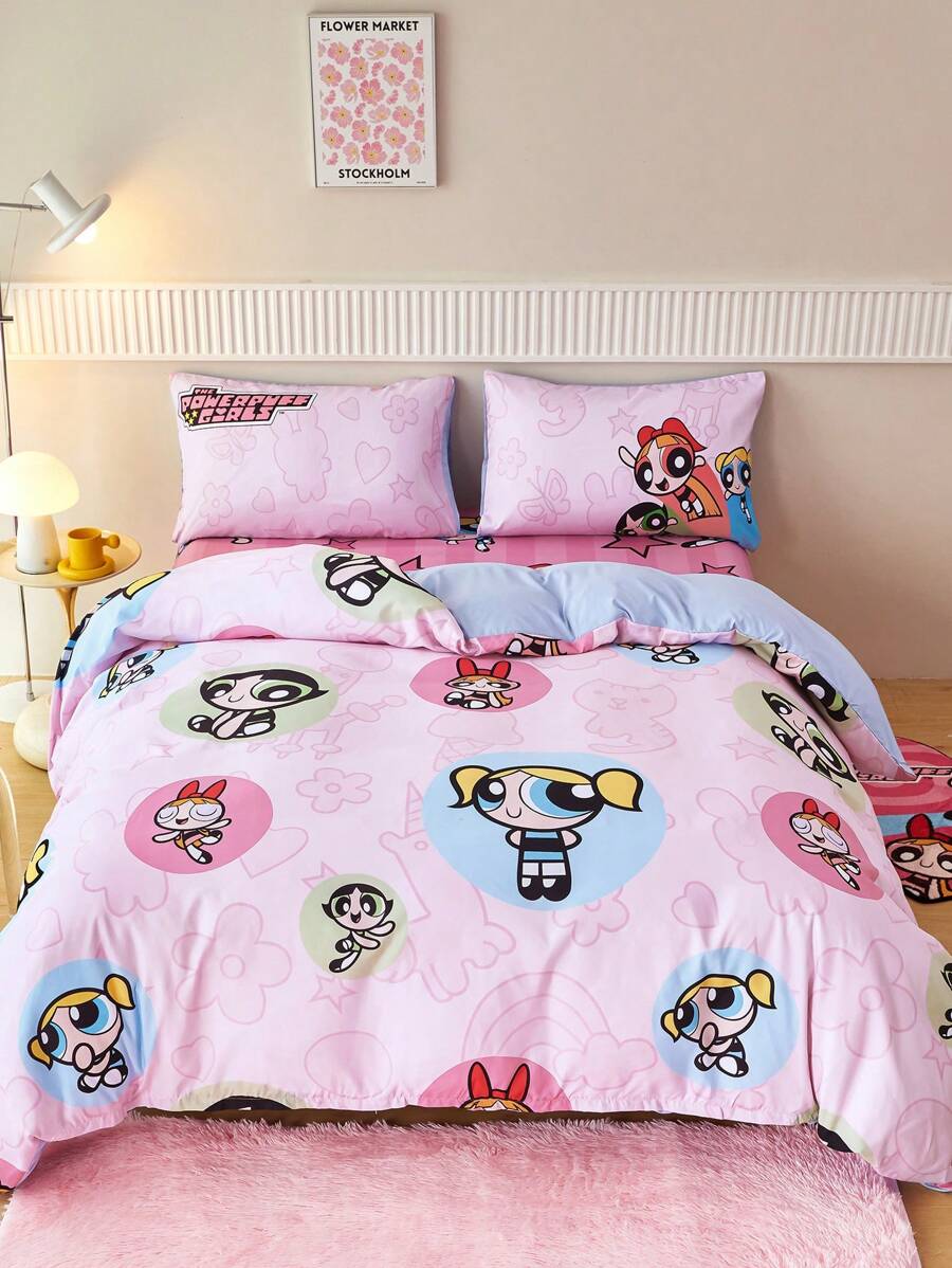 THE POWERPUFF GIRLS X SHEIN 3 件套卡通花朵、泡泡、毛茛图案羽绒被套套装，1 件羽绒被套和 2 件枕套，不含枕芯，可爱布艺床上用品，适用于卧室 - 彩色 - 查看 1