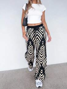 SHEIN Essnce 大码女装春夏时尚休闲宽松日常卡其色几何印花松紧腰阔腿裤、宽松裤、女式下装、度假装 - 棕色 - 查看 5