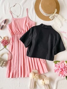 SHEIN Tween Girl 3D Floral Decor Lapel NeckShort Sleeve Jacket And Camisole Dress Set - Pink - View 2