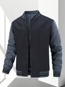 Manfinity Homme 大码男士夹克，黑色和灰色拼色设计户外风衣棒球夹克，休闲开衫上衣，男士飞行员夹克，男士夹克，校队夹克，秋季 - 黑色 - 查看 1