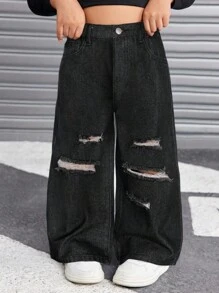 SHEIN Young Girl Y2K Casual Blue Distressed Loose Fit Denim Jeans,Kid Girls Spring And Summer Casual Vacation Hobo Denim Pant Wear, Girls Ripped Jeans, Black Baggy Jeans, Girls Baggy Jeans Fall Winter - Black - View 3