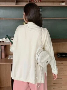 Dazy Plus 大码女式侧开衩V领宽松套头毛衣背心，秋冬 - 杏色 - 查看 2