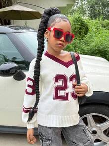 SHEIN 少女休闲舒适数字图案V领宽松针织衫，秋冬毛衣，数字图案毛衣，学院风母女装（两件分开出售），Y2K秋季棒球衫