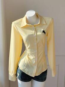 SHEIN EZwear Women's Autumn Outing Clothing New Style Embroidered Horse Cream Yellow Stripes Waist Decoration Slim Long Sleeve Shirt,Tops For School   Suitable For Daily Wear,Fall Tops