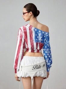 ROMWE Avant Women's Y2K Retro Sports Style Jersey Girl American Flag Print Cropped Oblique Shoulder Sweatshirt - Multicolor - View 3