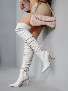 CUCCOO SZL 女士时尚尖头细高跟白色高筒靴，褶皱过膝靴，性感派对宴会夜总会高跟鞋 - 白色 - 查看 6