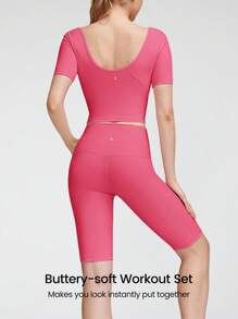 GLOWMODE 2 Pieces FeatherFit™ U-Back Cropped Active Tank & 4.3" Tummy Control Biker Shorts Set Low Impact Yoga Pilates Daily - Blush Crush - View 2