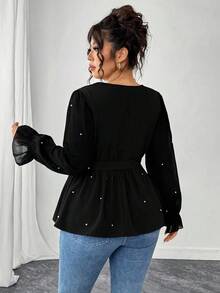Elenzga Áo cánh cổ chữ V thanh lịch, gợi cảm, bán chạy nhất dành cho nữ cỡ lớn, thích hợp để đi làm và dự tiệc, thiết kế nơ thắt eo, trang trí ngọc trai giả - màu đen - Xem 2