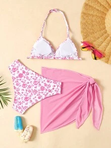 SHEIN Setelan Baju Renang 3 Potong untuk Remaja Perempuan dengan Rok, Setelan Bikini Motif Bunga dengan Sarung, Baju Renang Remaja, Putih, Musim Panas, Tropis, Pantai, Liburan, Pakaian Liburan - Baby Pink - View 2