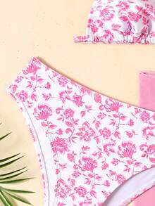 SHEIN Setelan Baju Renang 3 Potong untuk Remaja Perempuan dengan Rok, Setelan Bikini Motif Bunga dengan Sarung, Baju Renang Remaja, Putih, Musim Panas, Tropis, Pantai, Liburan, Pakaian Liburan - Baby Pink - View 4