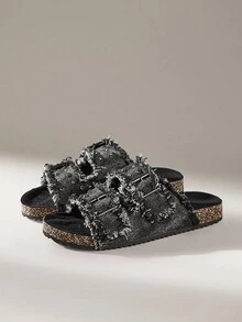 Solecia 女士圆头布洛克鞋流苏全水钻双扣平底舒适休闲鞋、派对鞋、通勤鞋、百搭鞋 - 黑色 - 查看 2