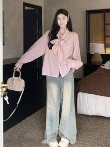 DAZY Blusa de manga larga con rayas y lazo estilo coreano para mujer, primavera/otoño - Rosa Pálido - Ver 3