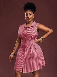 Veslaya 春夏新款女士大码优雅通勤休闲办公条纹梭织面料无袖收腰衬衫裙 - 紅色 - 查看 4