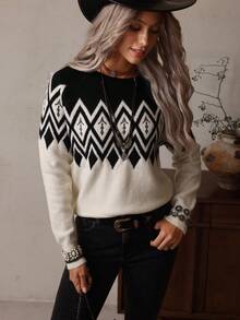 Women's Two-Tone Jacquard Bohemian Western Casual Sweater, LanaWest Fall Winter Cloth For Women - Black - View 6